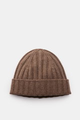 von Braun Cashmere beanie brown mottled shown from above, fine rib knit pattern, small turn-up, pure soft Mongolian cashmere.