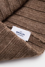 Close-up inside view of von Braun Cashmere beanie brown mottled showing fine rib knit, small turn-up, and label.  

Description:  
<p>Whether worn with a classic winter coat or a highly functional down jacket, this soft VON BRAUN knitted beanie made of pu