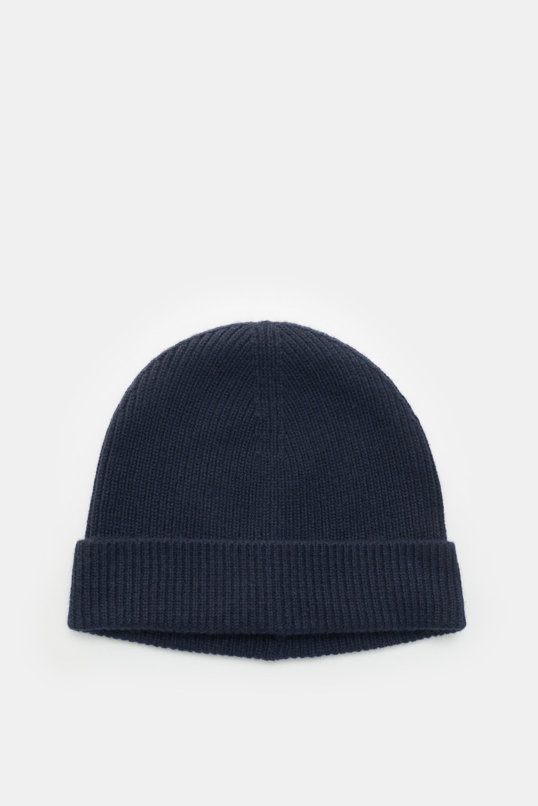 von Braun Cashmere Mütze navy, frontal fotografiert, weicher Griff, feines Patentstrickmuster, schmaler Umschlag, reiner Cashmere