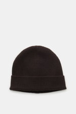 von Braun Cashmere beanie dark brown shown from above on white background, soft pure cashmere, fine brioche knit, small turn-up edge, ideal for winter coats.