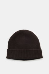 von Braun Cashmere beanie dark brown shown from above on white background, soft pure cashmere, fine brioche knit, small turn-up edge, ideal for winter coats.