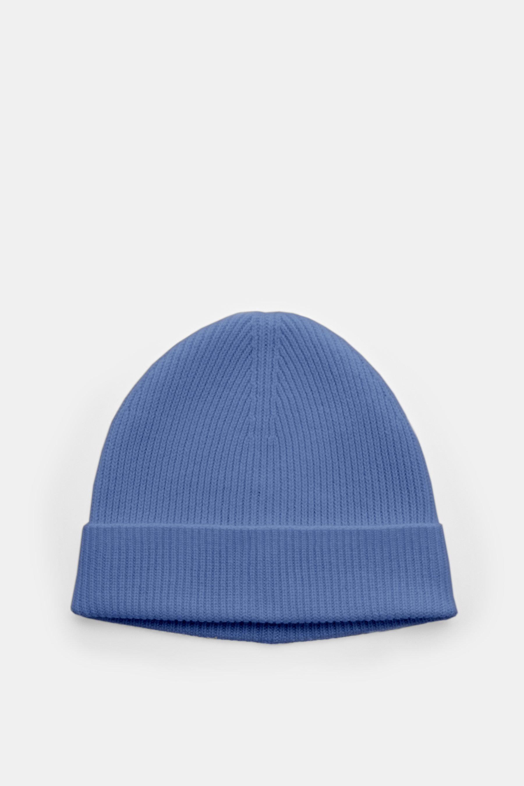 von Braun Cashmere Mütze blau, aus reiner Mongolei-Cashmere, feines Patentstrickmuster, schmaler Umschlag, weicher Griff, frontale Draufsicht