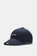 A.P.C. Denim Baseball-Cap 'Charlie' navy shown from a front-side angle, featuring robust pure cotton denim, lightly reinforced six-panel design, front logo stitching, and adjustable closure. Lässiger Urban Style aus Paris: Die Baseball-Cap 'Charlie' aus r