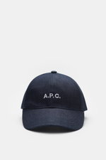 A.P.C. Denim Baseball-Cap 'Charlie' navy shown from the front, made of pure cotton denim with six-panel design, logo stitching, and adjustable closure. Lässiger Urban Style aus Paris: Die Baseball-Cap 'Charlie' aus robustem Denim im für A.P.C. typisch cle