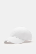 A.P.C. Baseball-Cap 'Charlie' weiß aus robustem Baumwoll-Canvas, Six-Panel-Design mit tonalem Logo-Stitching, verstellbar, seitliche Nahaufnahme.