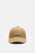 A.P.C. Baseball-Cap 'Charlie' beige aus robustem Baumwoll-Canvas, sportlich, Six-Panel-Design, Logo-Stitching frontal, verstellbarer Verschluss, Frontperspektive.
