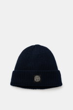 Stone Island Wool Beanie navy shown from above, knitted pure wool with soft touch, modern ribbed knit, wide cuff, front STONE ISLAND label.