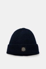Stone Island Wool Beanie navy shown from above, knitted pure wool with soft touch, modern ribbed knit, wide cuff, front STONE ISLAND label.