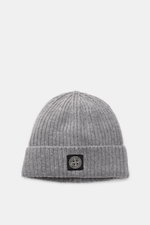 Stone Island Wool Beanie grey shown from the front top down, a minimalist winter essential in pure wool, soft touch, ribbed knit, wide cuff with Stone Island woven label.