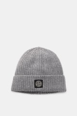 Stone Island Wool Beanie grey shown from the front top down, a minimalist winter essential in pure wool, soft touch, ribbed knit, wide cuff with Stone Island woven label.