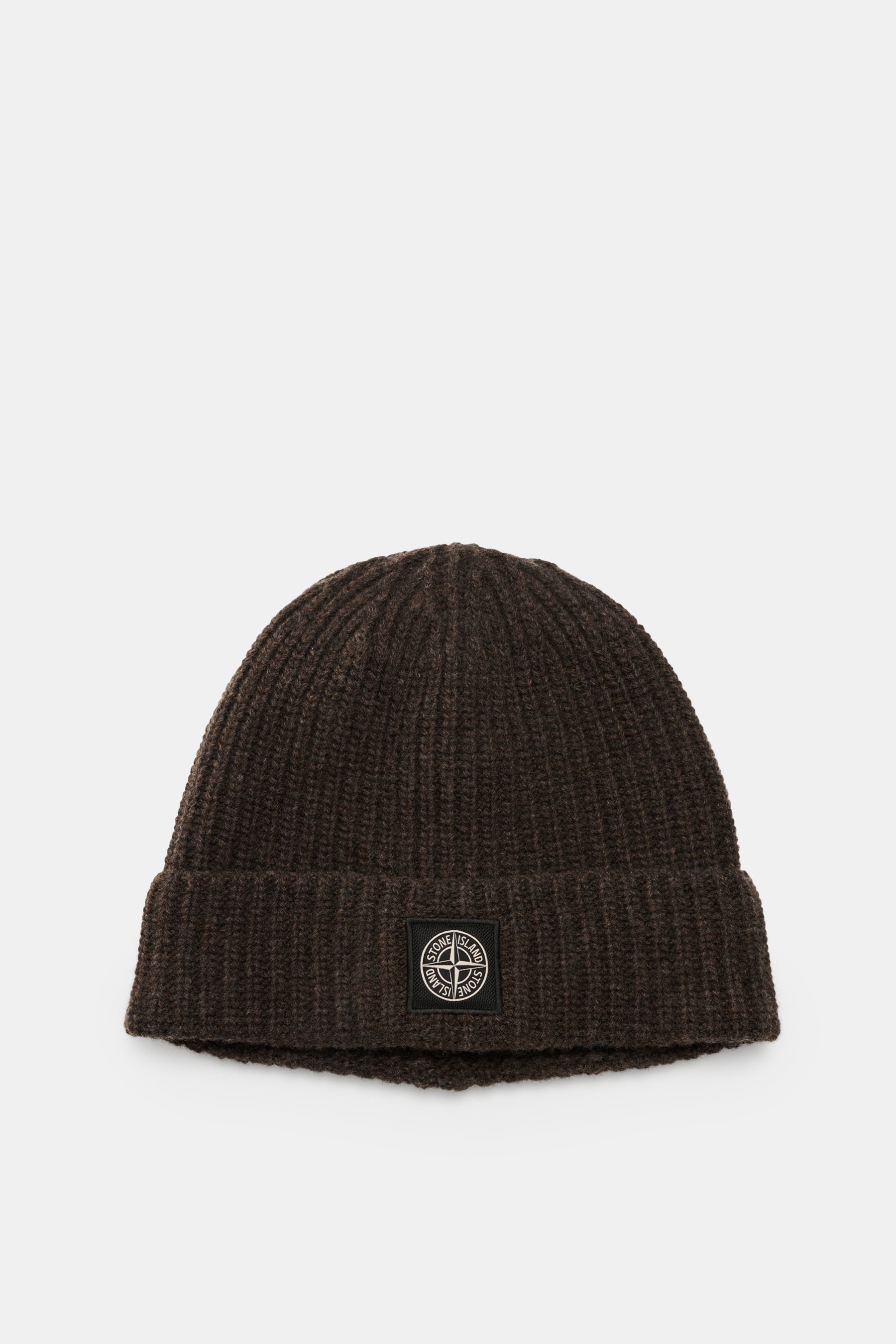 Stone Island Wool Beanie grey brown shown from front top angle, pure wool with soft touch, ribbed knit, wide cuff, and Stone Island woven label front.

<p>Minimalist winter essential: The wool beanie from STONE ISLAND combines functional comfort with urba