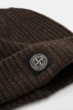 Stone Island Wool Beanie grey brown shown in close-up from front side, featuring modern ribbed knit, wide cuff, and woven logo label.
