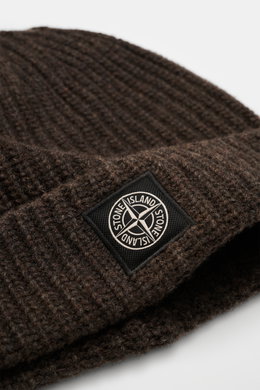 Stone Island Wool Beanie grey brown shown in close-up from front side, featuring modern ribbed knit, wide cuff, and woven logo label.