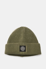Stone Island Wool Beanie Gray Green shown from front top view, minimalist winter essential in pure wool with soft touch, ribbed knit, wide cuff, and Stone Island woven label.