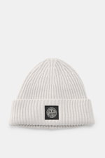 Stone Island Light Grey Melange Wool Beanie shown from the front top perspective, featuring pure wool, soft touch, ribbed knit, wide cuff, and woven label.