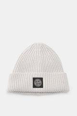Stone Island Light Grey Melange Wool Beanie shown from the front top perspective, featuring pure wool, soft touch, ribbed knit, wide cuff, and woven label.
