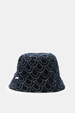 04651/ A trip in a bag Wende-Frottee Bucket Hat navy, frontal fotografiert, Frottee mit Muster, Baumwolle, wendbar, schmale Krempe, Weblabel sichtbar.