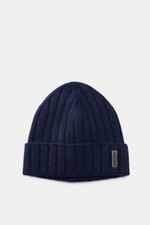 Emporio Armani Beanie dark blue shown from above, featuring mix of wool and cashmere, soft touch, fine knit pattern, wide rib knit, wide cuff, and leather logo patch.