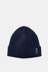 Emporio Armani Beanie dark blue shown from above, featuring mix of wool and cashmere, soft touch, fine knit pattern, wide rib knit, wide cuff, and leather logo patch.