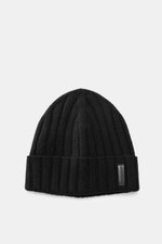 Emporio Armani Beanie Black photographed from front top showing wide rib knit, wide cuff, leather logo patch, fine knit pattern, soft touch, mix of wool and cashmere.