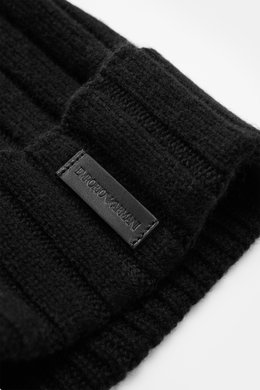 Close-up front angled view of Emporio Armani Beanie Black showing soft touch, mix of wool and cashmere with fine knit pattern, wide rib knit, wide cuff, and leather logo patch.