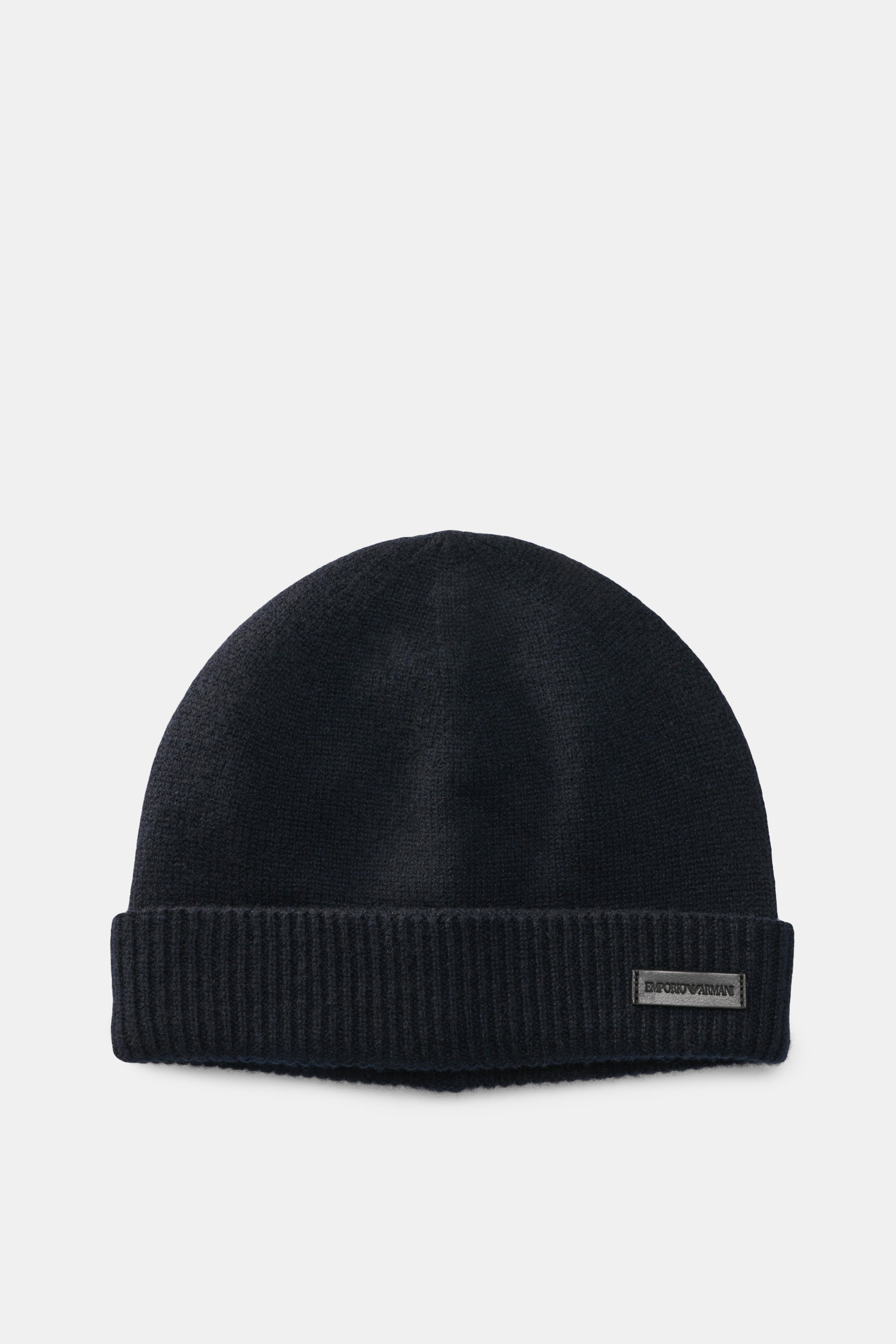 Emporio Armani Cap navy photographed from the front, showing a fine knit pattern, narrow cuff, leather logo patch, soft touch mix of cashmere and microfiber.