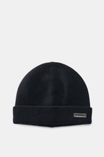 Emporio Armani Cap navy photographed from the front, showing a fine knit pattern, narrow cuff, leather logo patch, soft touch mix of cashmere and microfiber.