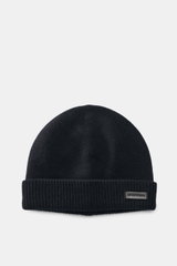 Emporio Armani Cap navy photographed from the front, showing a fine knit pattern, narrow cuff, leather logo patch, soft touch mix of cashmere and microfiber.