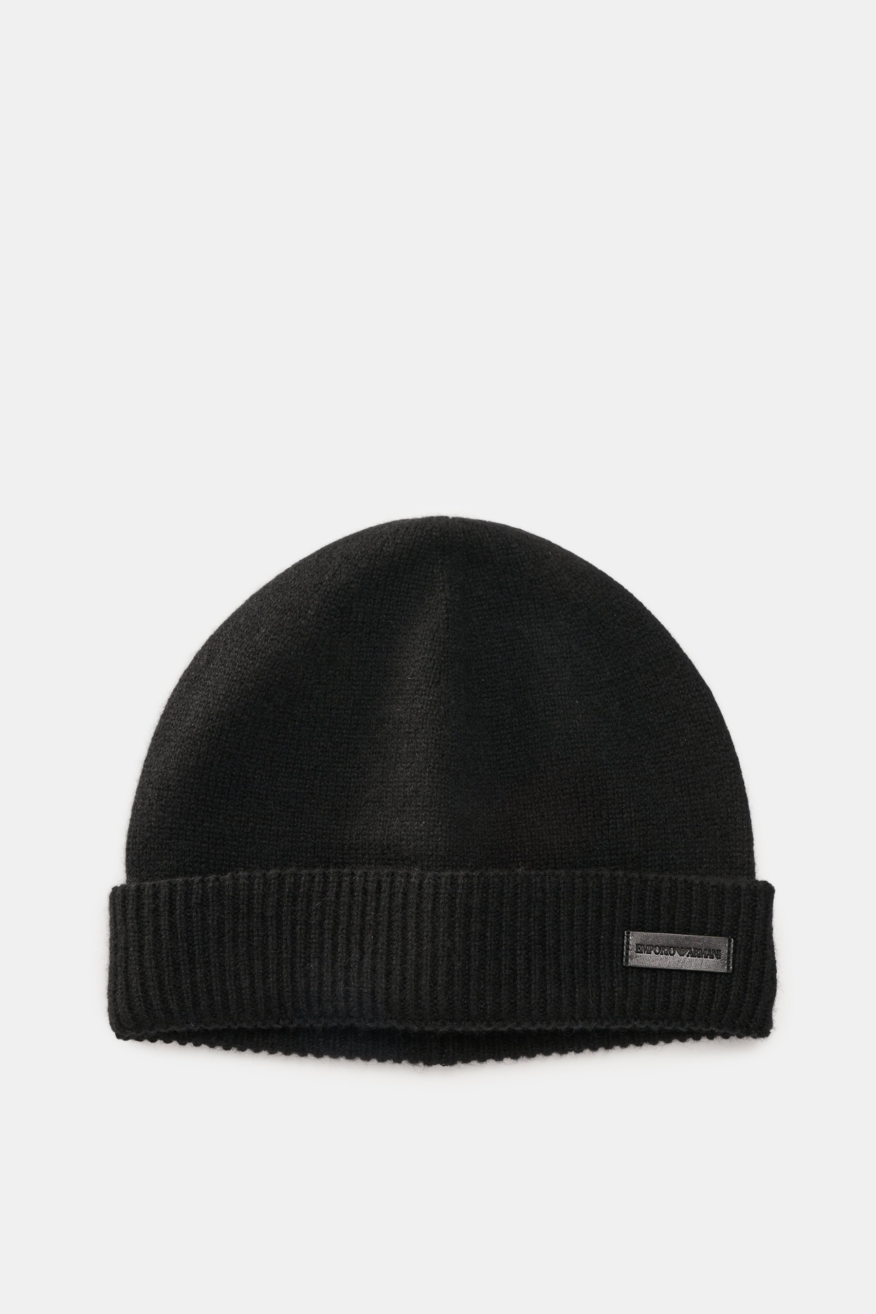 Emporio Armani Cap black shown from above, featuring a mix of cashmere and microfiber, soft touch, fine knit pattern, narrow cuff, and leather logo patch.