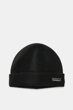Emporio Armani Cap black shown from above, featuring a mix of cashmere and microfiber, soft touch, fine knit pattern, narrow cuff, and leather logo patch.
