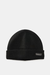 Emporio Armani Cap black shown from above, featuring a mix of cashmere and microfiber, soft touch, fine knit pattern, narrow cuff, and leather logo patch.