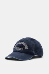 Golden Goose Baseball Cap Gray Blue shown from a front-side angle, twill cotton with soft feel, vintage look, six-panel, star rivets, logo stitching, adjustable closure. Authentic style with personality: With a distinctive vintage design, this cap by GOLD