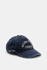 Golden Goose Baseball Cap Gray Blue shown from a front-side angle, twill cotton with soft vintage look, six-panel design, star rivets, logo stitching, adjustable closure.