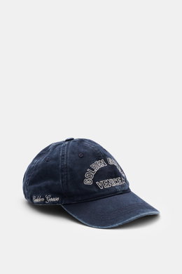 Golden Goose Baseball Cap Gray Blue shown from a front-side angle, twill cotton with soft vintage look, six-panel design, star rivets, logo stitching, adjustable closure.