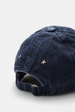 Golden Goose Baseball Cap Gray Blue shown from the back, twill made of pure cotton with soft feel, vintage look, six-panel design, star-shaped rivets, logo stitching on front, adjustable closure. Authentic style with personality: With a distinctive vintag