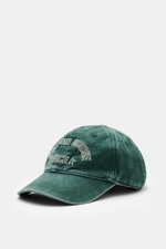 Golden Goose Baseball Cap grey-green in vintage twill cotton, soft touch, six-panel design with logo stitching, star-shaped rivets, shown from front-left angle.
