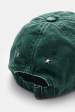 Golden Goose Baseball Cap grey-green shown from the back, twill cotton with soft touch, vintage look, six-panel design, star-shaped rivets, logo stitching, adjustable closure.