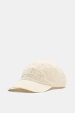 Golden Goose Baseball Cap cream shown from a front-left angle, twill cotton with soft touch, vintage look, six-panel design, star-shaped studs, tonal appliquéd logo lettering, and adjustable closure.