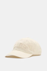 Golden Goose Baseball Cap cream shown from a front-left angle, twill cotton with soft touch, vintage look, six-panel design, star-shaped studs, tonal appliquéd logo lettering, and adjustable closure.