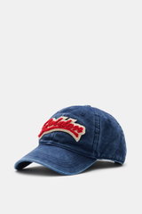Golden Goose Baseball Cap grey blue shown from a front side angle, featuring vintage twill cotton, soft touch, six-panel design, star-shaped studs, red applied logo lettering, and adjustable closure. Authentic style with personality: with its distinctive 