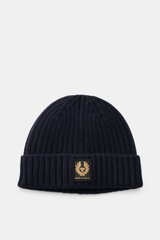 Front view of Belstaff Wool beanie 'Watch' navy in pure wool, featuring soft touch, casual rib knit look, wide turn-up, and woven BELSTAFF label.