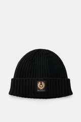 Belstaff Wollmütze 'Watch' schwarz aus reine Wolle, weicher Griff, lässige Rippstrick-Optik, breiter Umschlag, Front mit BELSTAFF-Weblabel, frontal fotografiert.