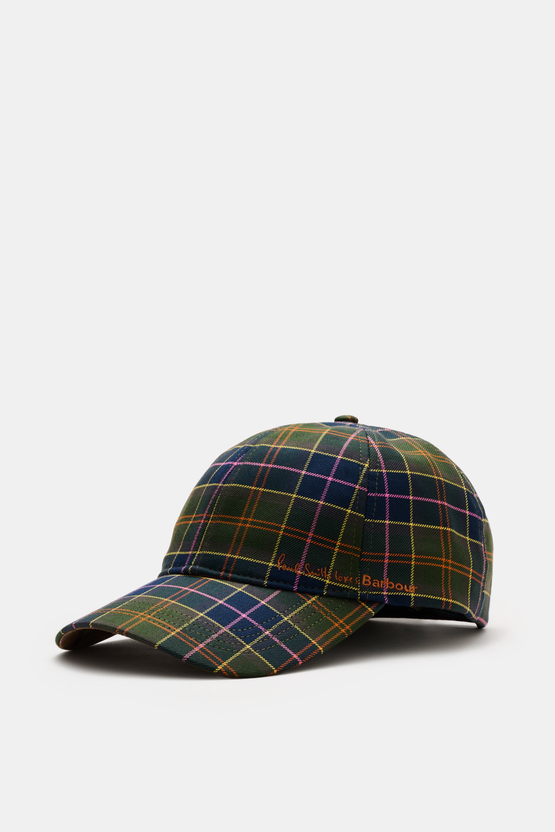 Barbour Baseball-Cap oliv/navy/orange kariert, seitliche Nahaufnahme, Baumwolle, Tartanmuster, gebogener Schirm, Six-Panel, Logo-Stitching, verstellbar, T-Rex-Pin.