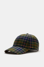 Barbour Baseball-Cap oliv/navy/orange kariert, seitliche Nahaufnahme, Baumwolle, Tartanmuster, gebogener Schirm, Six-Panel, Logo-Stitching, verstellbar, T-Rex-Pin.