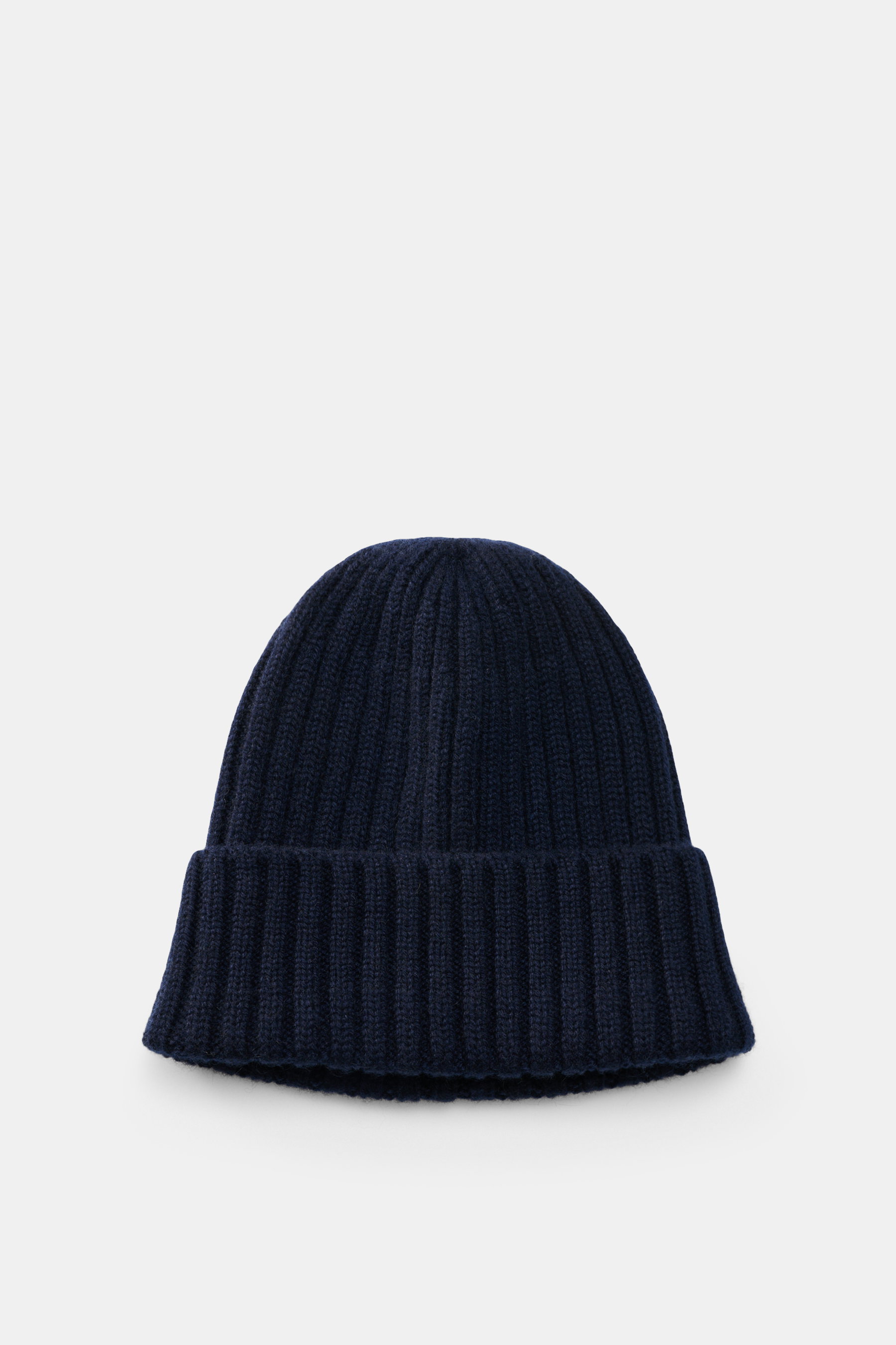 Fedeli Cashmere Mütze navy aus weichem, mittelfeinem Rippstrick mit variablem Umschlag, fotografiert von vorne, reiner Cashmere.
