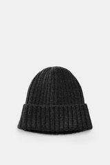 Fedeli Cashmere Mütze dunkelgrau meliert, weich, Rippstrick, mittelfeines Strickbild, variabler Umschlag, Ansicht von vorne, reiner Cashmere.