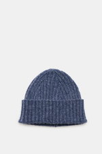 Fedeli Cashmere Beanie Grey Blue Mélange shown from above, a rib knit, soft pure cashmere short-cut beanie with medium-fine texture and variable cuff.