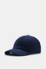 Fedeli Cashmere Baseball-Cap navy, seitliche Nahaufnahme, Six-Panel-Design, reiner Cashmere, weicher Griff, leicht gebogener Schirm, elastischer Einsatz.