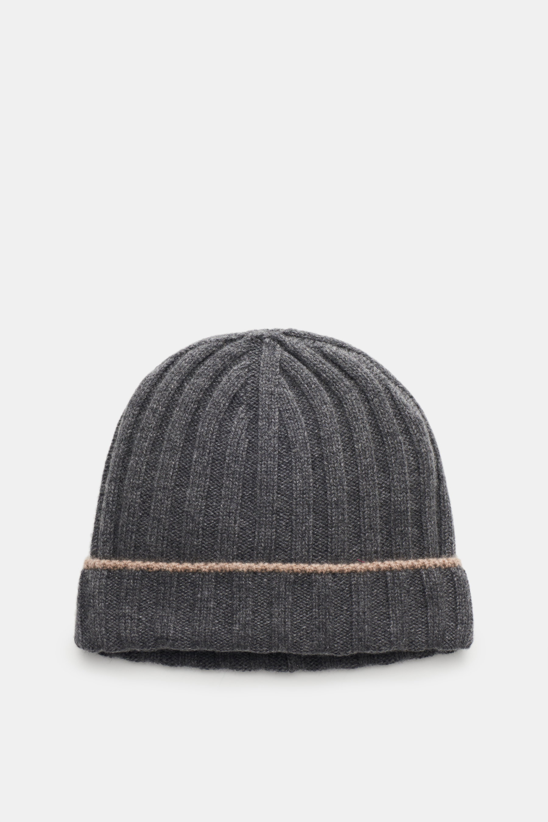 Brunello Cucinelli Cashmere beanie dark grey melange shown from front top perspective, rib knit with decorative turn-up, pure cashmere, soft touch, luxurious and warm.