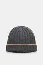 Brunello Cucinelli Cashmere beanie dark grey melange shown from front top perspective, rib knit with decorative turn-up, pure cashmere, soft touch, luxurious and warm.